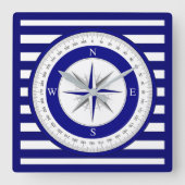 Compass Rose Nautical Blue and White Strip Quadratische Wanduhr (Vorderseite)