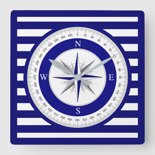 Compass Rose Nautical Blue and White Strip Quadratische Wanduhr (Vorderseite)