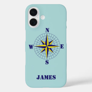 Compass Rose Navy und Gold mit Name Nautic iPhone 16 Hülle