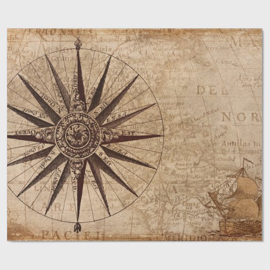 Compass Segelschiff Discovery Age World Map Geschenkpapier (Flach)