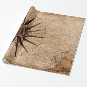 Compass Segelschiff Discovery Age World Map Geschenkpapier