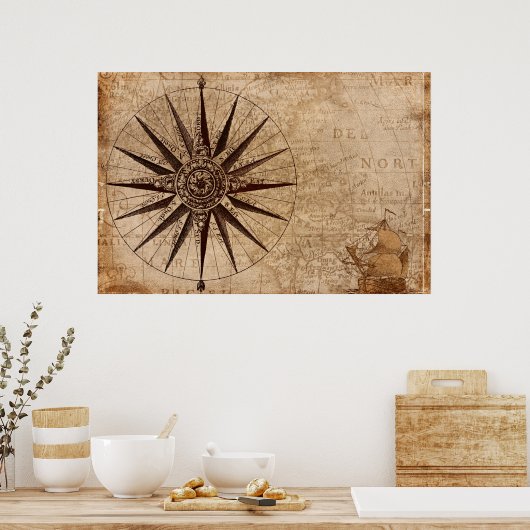 Compass Segelschiff Discovery Age World Map Poster (Küche)