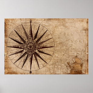 Compass Segelschiff Discovery Age World Map Poster