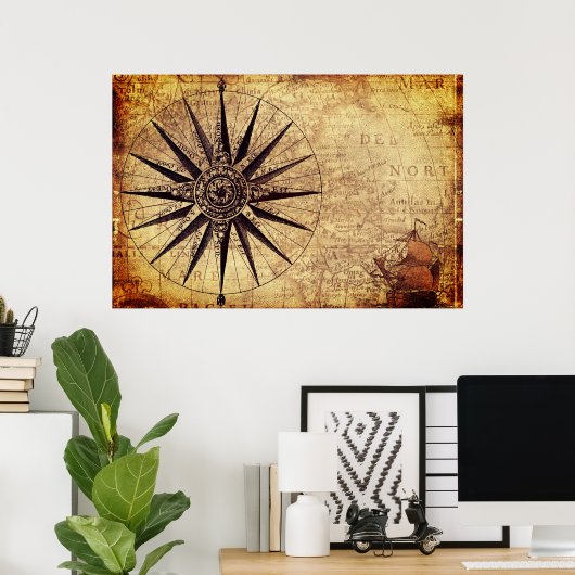 Compass Segelschiff Discovery Age World Map Poster (Heimbüro)