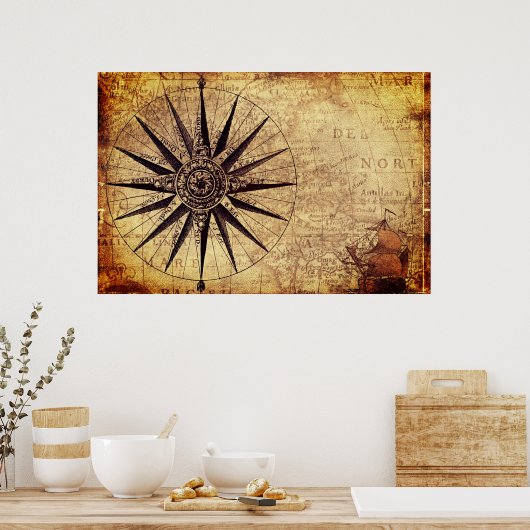 Compass Segelschiff Discovery Age World Map Poster (Küche)