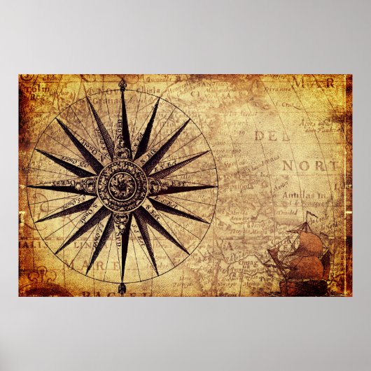 Compass Segelschiff Discovery Age World Map Poster (Vorne)