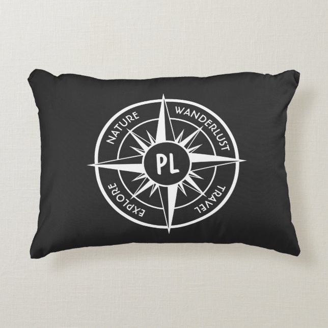 Compass star Emblem monogramm schwarz-weiß Dekokissen (Vorderseite)