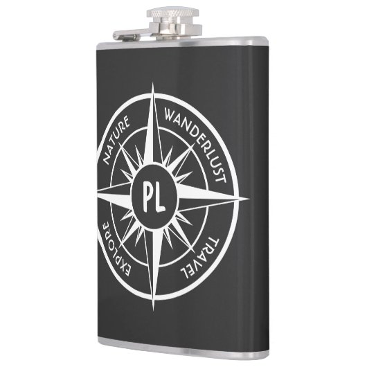 Compass star Emblem monogramm schwarz-weiß Flachmann (Links)