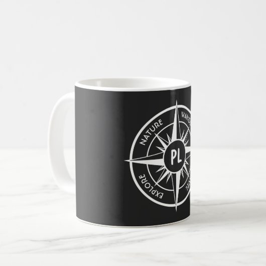 Compass star Emblem monogramm schwarz-weiß Kaffeetasse (Vorderseite Links)