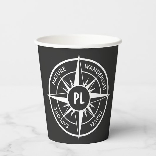 Compass star Emblem monogramm schwarz-weiß Pappbecher (Rückseite)