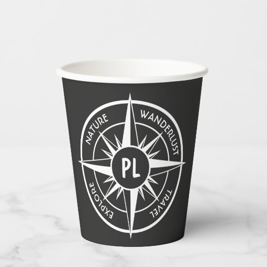 Compass star Emblem monogramm schwarz-weiß Pappbecher (Vorderseite)
