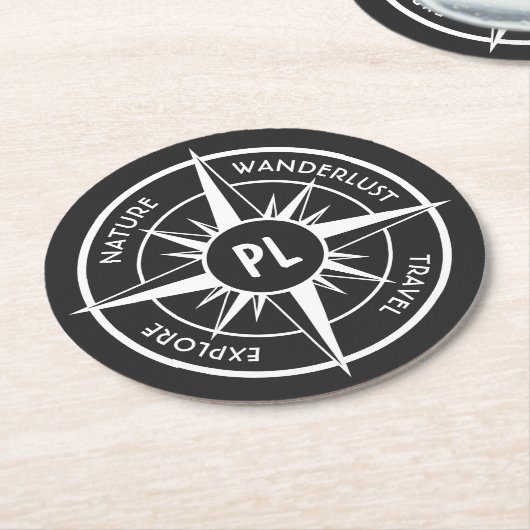 Compass star Emblem monogramm schwarz-weiß Runder Pappuntersetzer (Angewinkelt)