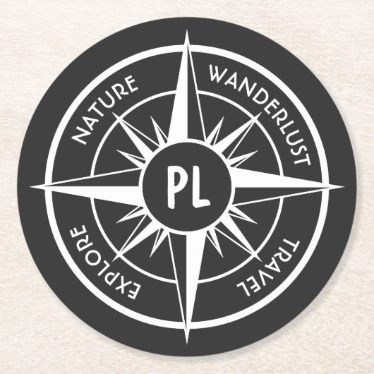 Compass star Emblem monogramm schwarz-weiß Runder Pappuntersetzer (Vorderseite)