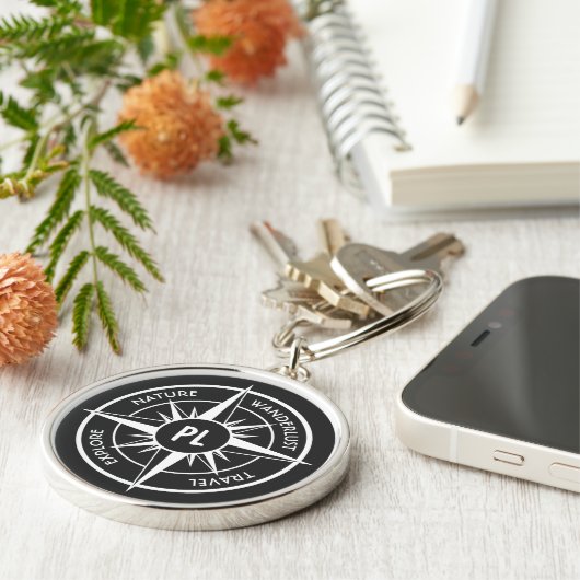 Compass star Emblem monogramm schwarz-weiß Schlüsselanhänger (Seite)