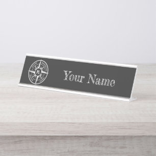 Compass star Emblem monogramm schwarz-weiß Schreibtischnamensplakette