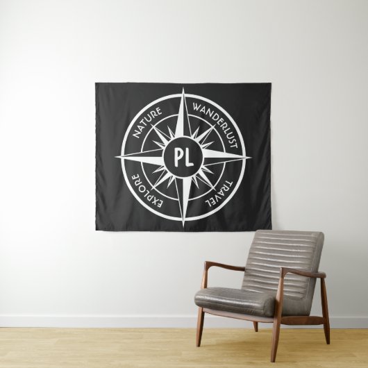 Compass star Emblem monogramm schwarz-weiß Wandteppich (Beispiel (Horizontal))