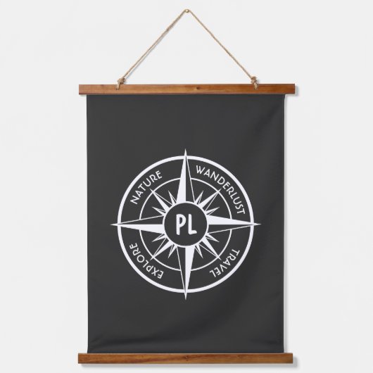 Compass star Emblem monogramm schwarz-weiß Wandteppich Mit Holzrahmen (Vorderseite)