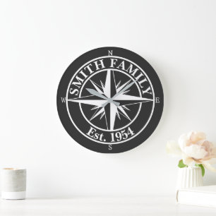 Compass Star Monogramm personalisierbares Emblem Große Wanduhr