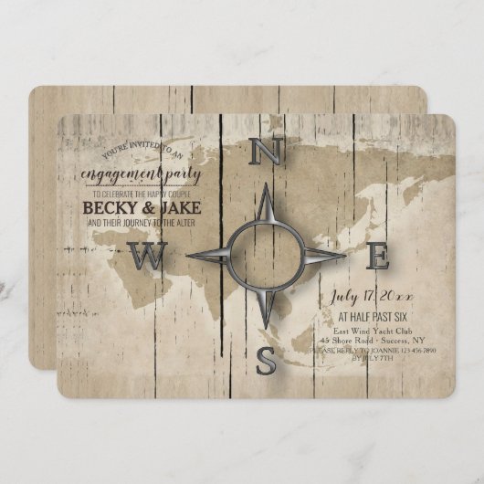 Compass und World Map Engagement Party Einladung (Vorne/Hinten)