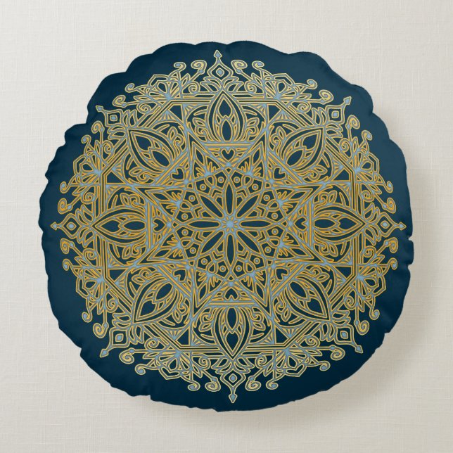 Complex Blue & Gold Mandala Rundes Kissen (Vorderseite)