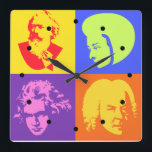 Composer Pop Art Music Clock Quadratische Wanduhr<br><div class="desc">Hang this ultra cool popart art music clock featuring silhouettes of Brahms,  Mozart,  Beethoven and Bach in an office,  music room,  den or other room in your home.  Great gift idea for a music teacher.</div>