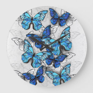 Composition of White and Blue Butterflies Große Wanduhr