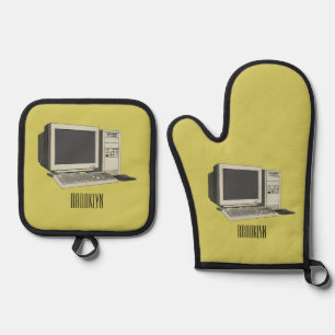 Computer-Cartoon-Illustration Ofenhandschuh & Topflappen-Set