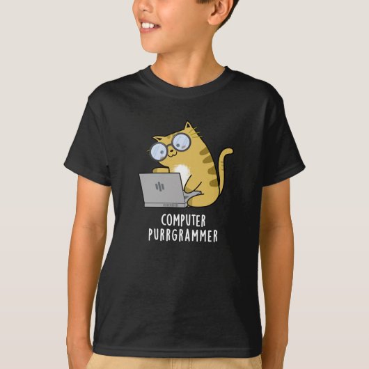 Computer Purr-Grammer Funny Cat Pun Dark BG T-Shirt (Vorderseite)