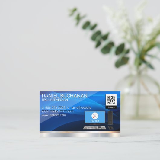 Computer-Tech-Reparatur | QR Barcode Business Card Visitenkarte (Stehend Vorderseite)