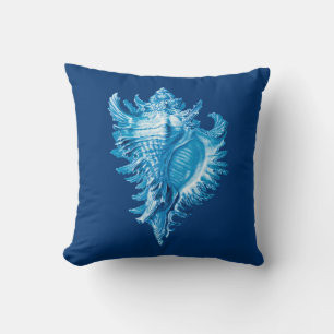Conch Muschel Sea Life Print, Indigo Blau und Weiß Kissen