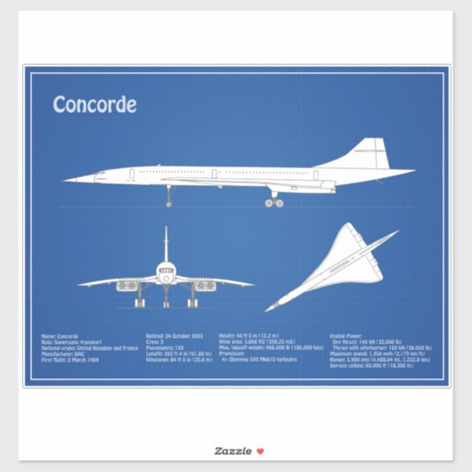 Concorde - Flugzeugkonzeption Zeichnend Pläne ABD Aufkleber (Blatt)