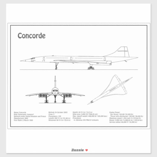 Concorde - Flugzeugkonzeption Zeichnend Pläne BD Aufkleber (Blatt)