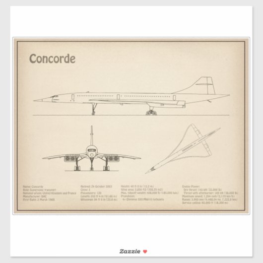 Concorde - Flugzeugkonzeption Zeichnend Pläne SD Aufkleber (Blatt)