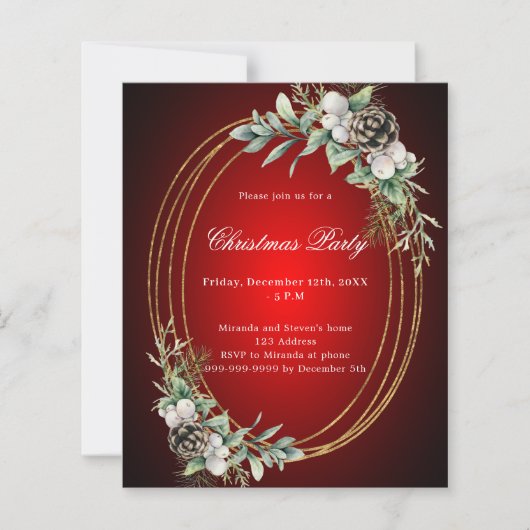 Cone Pine Red Gold Weihnachtszeit Party Einladung (Vorderseite)