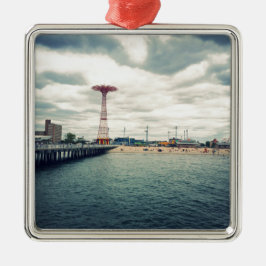 Coney Island Beach Panorama Silbernes Ornament