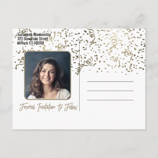 Confetti Abschluss Custom Foto Save the Date Ankündigungspostkarte (Rückseite)