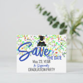 Confetti Abschluss Custom Foto Save the Date Ankündigungspostkarte (Stehend Vorderseite)