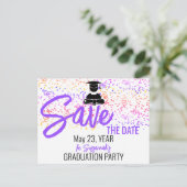 Confetti Abschluss Custom Foto Save the Date Ankündigungspostkarte (Stehend Vorderseite)