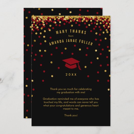 Confetti Abschluss Danke, Maroon Gold Glitzer Einladung (Vorne/Hinten)