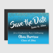 Confetti auf blauem Abschluss Save the Date magnet (Vorne/Hinten)