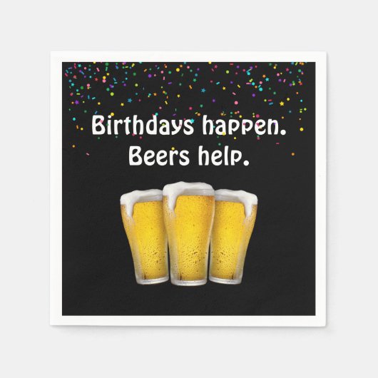 Confetti Birthday Beers on Black Napkins Serviette (Vorderseite)