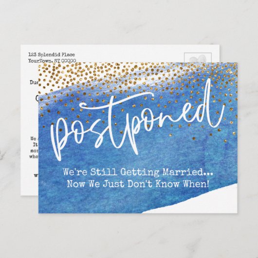 Confetti & Blue Watercolor Verspätete Hochzeit Postkarte (Vorne/Hinten)