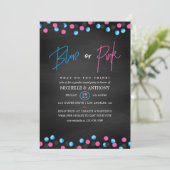 Confetti Chalkboard Blue oder Pink Gender Reveal Einladung (Stehend Vorderseite)