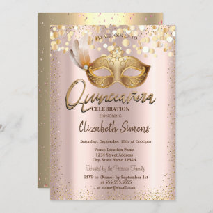 Confetti Chic Masque Rose Gold Quinceañera Einladung
