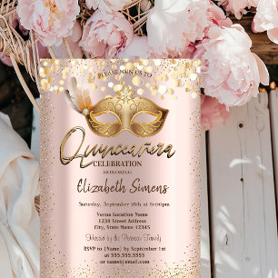 Confetti Chic Masque Rose Gold Quinceañera Einladung