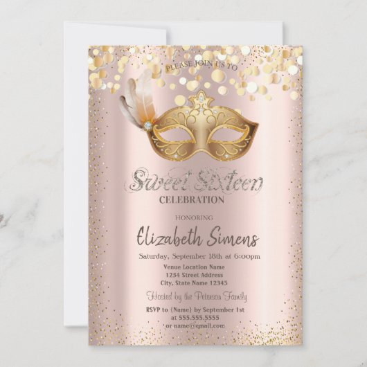 Confetti Chic Masque Rose Gold Sweet 16 Einladung (Vorderseite)