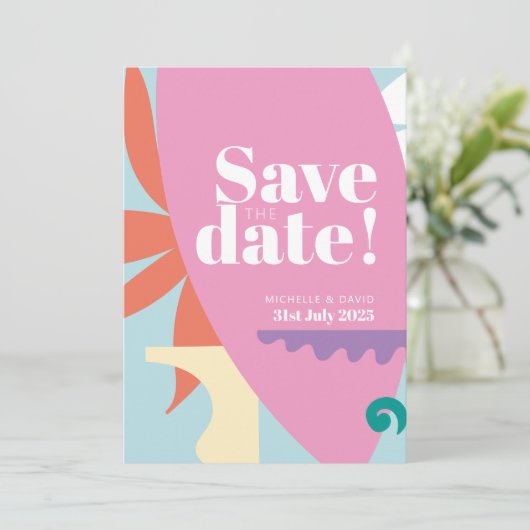 Confetti Collage Save the Date flache Karte (Stehend Vorderseite)