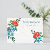 Confetti Coral und Aqua Floral Wedding RSVP Karte (Stehend Vorderseite)