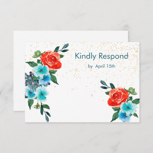 Confetti Coral und Aqua Floral Wedding RSVP Karte (Vorne/Hinten)