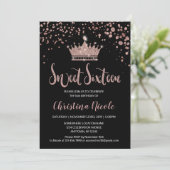 Confetti Crown Rose Gold Schwarzer Glam Sweet 16 Einladung (Stehend Vorderseite)